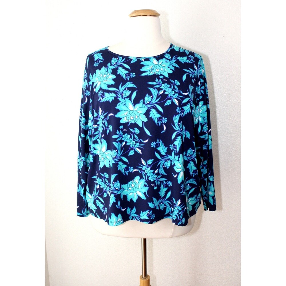 Feminine NWOT LANDS' END Knit Tunic Top 3X 24-26W Blue Turquoise Floral LS #03